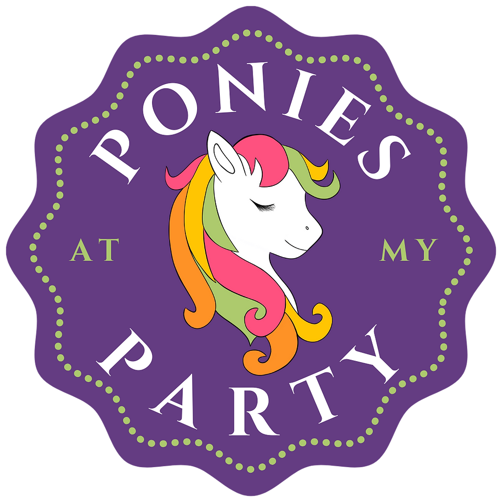 Ponies at my Party Logo. Purple rosette, with a white pony profile with colourful hair - pink, green, yellow and orange.